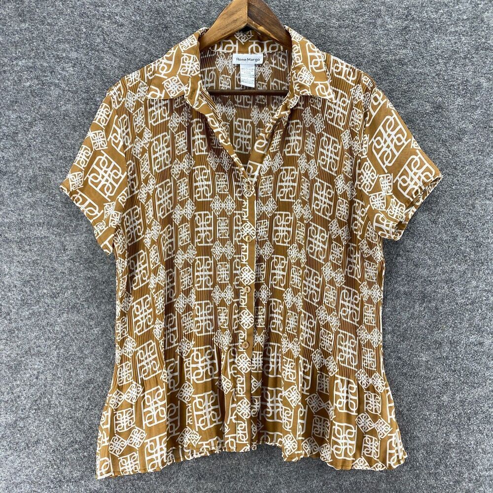 Rene Margo Shirt Women L Large Brown Geometric Button Up Collared Short Sleeve